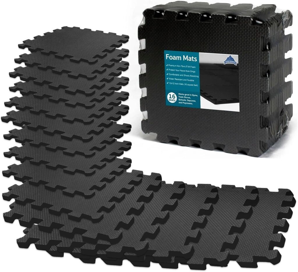 Alpine Neighbor 16pcs Interlocking Gym Foam Tiles, Black Gym Mat Flooring for Home Gym and Exercise, Weightlifting and Yoga Mat for Garage Floors, (Black)