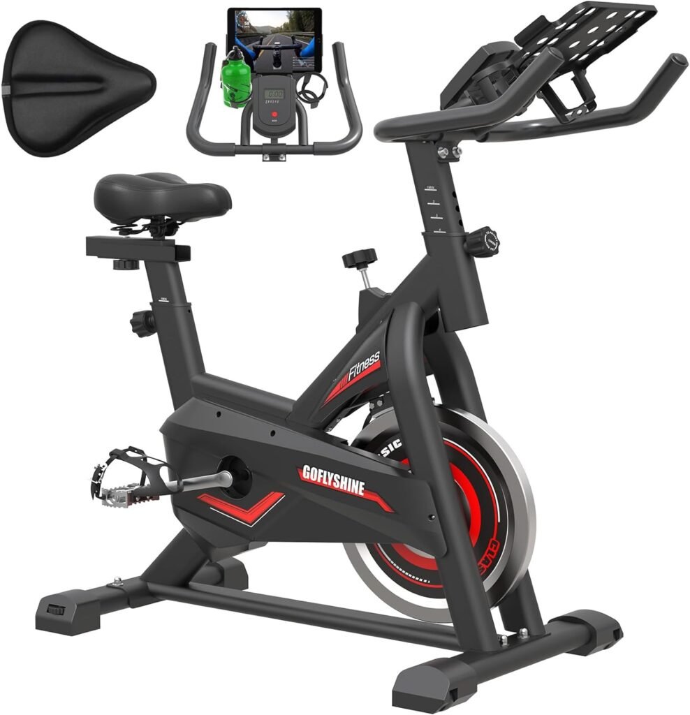 GOFLYSHINE Exercise Bikes Stationary, Indoor Cycling Bike for Home Cardio Gym,Workout Bike with Saddle Cover, Ipad Mount  LCD Monitor,Silent Belt Drive