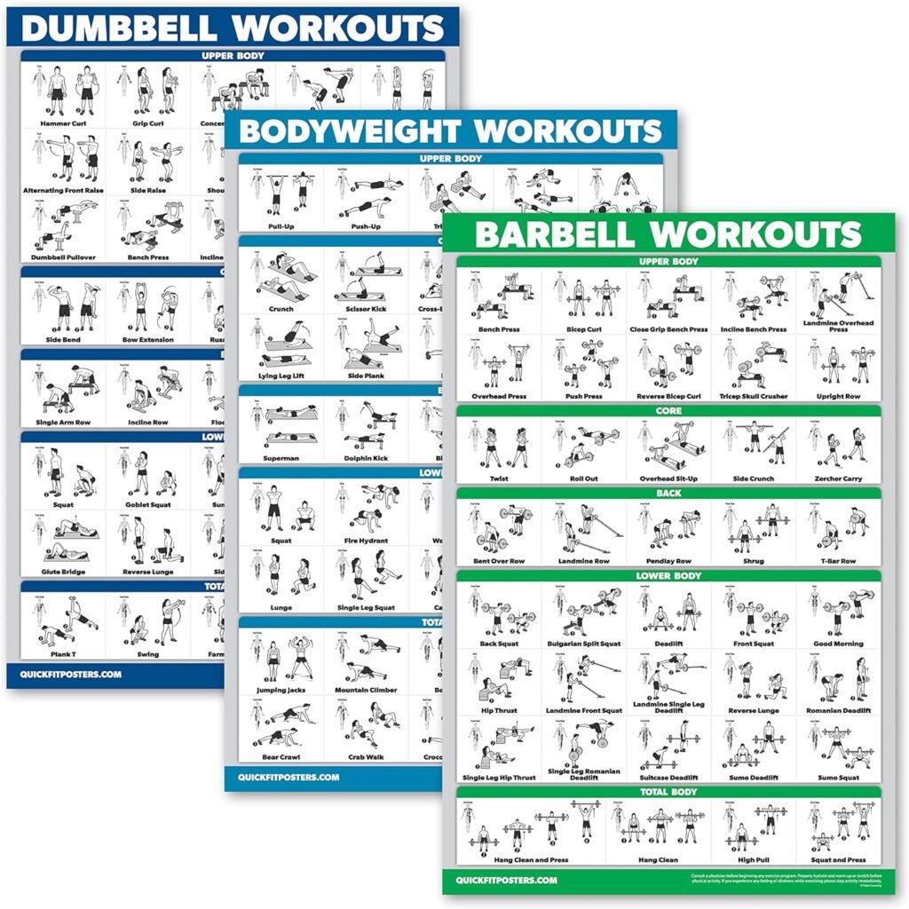 QuickFit 3 Pack - Dumbbell Workouts + Bodyweight Exercises + Barbell Routine Poster Set - Set of 3 Workout Charts