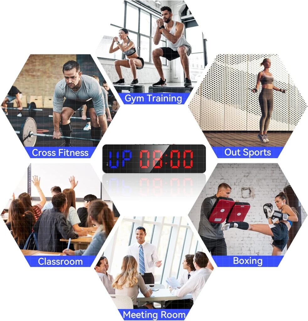 Seesii Gym Timer,LED Workout Colck Count Down/Up Clock,11.5 x 4 Ultra-Clear Digital Display, Power Bank Compatible with Workout Metal Stopwatch, Multi-Scenes with Remote