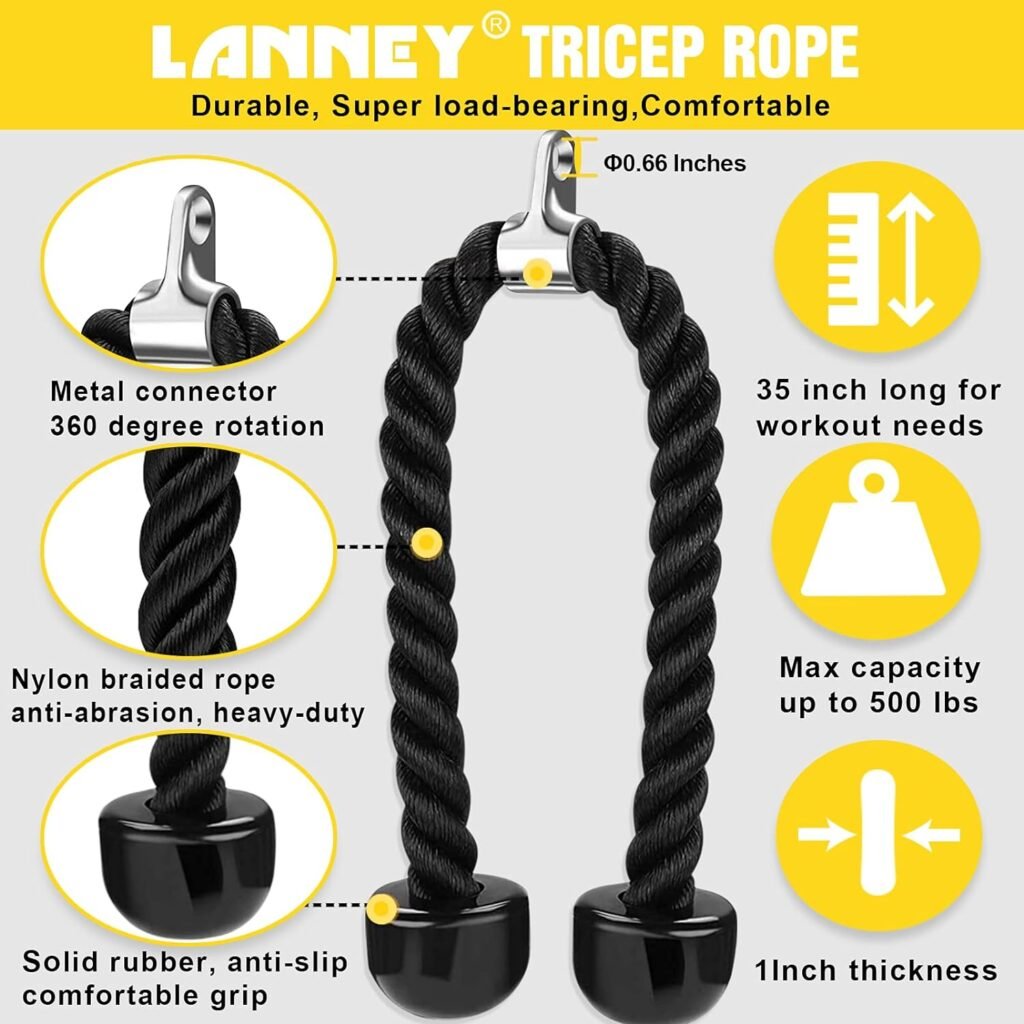 Tricep Rope Cable Machine Attachment, 35 Triceps Pull Down Rope LAT Pulldown Attachments, Home Gym Accessories Set with Resistance Bands Handle, Ankle Straps, Carabiner, Wrist Wraps for Exercise